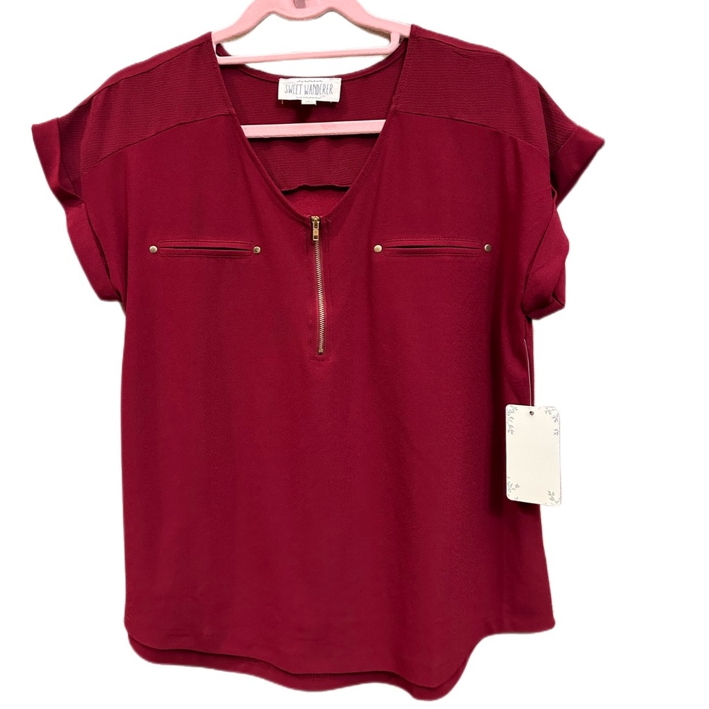 Sweet Wanderer dark red blouse with zipper v-neck.